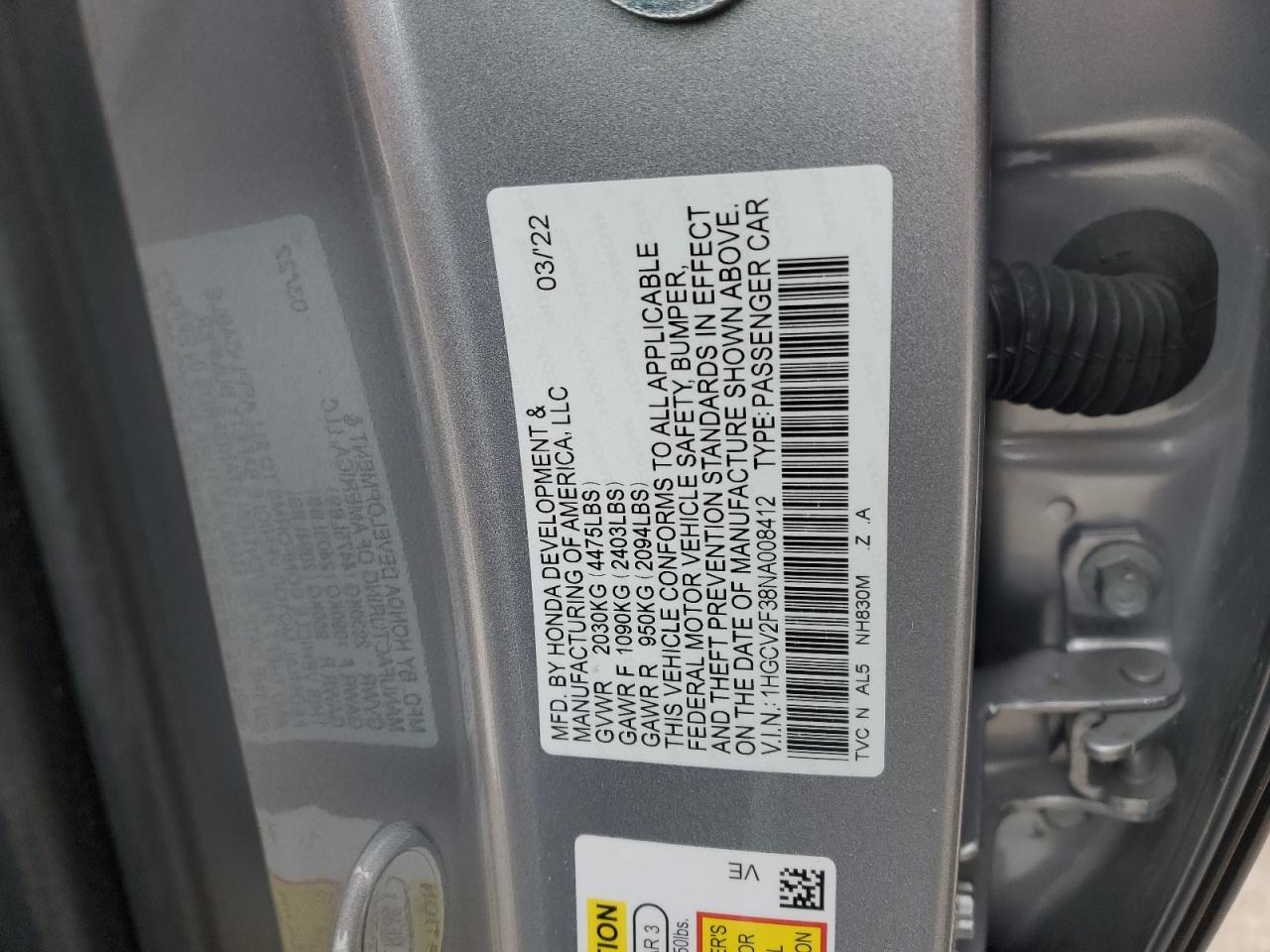 2022 HONDA ACCORD SPORT VIN:1FMJU1JT3KEA31798