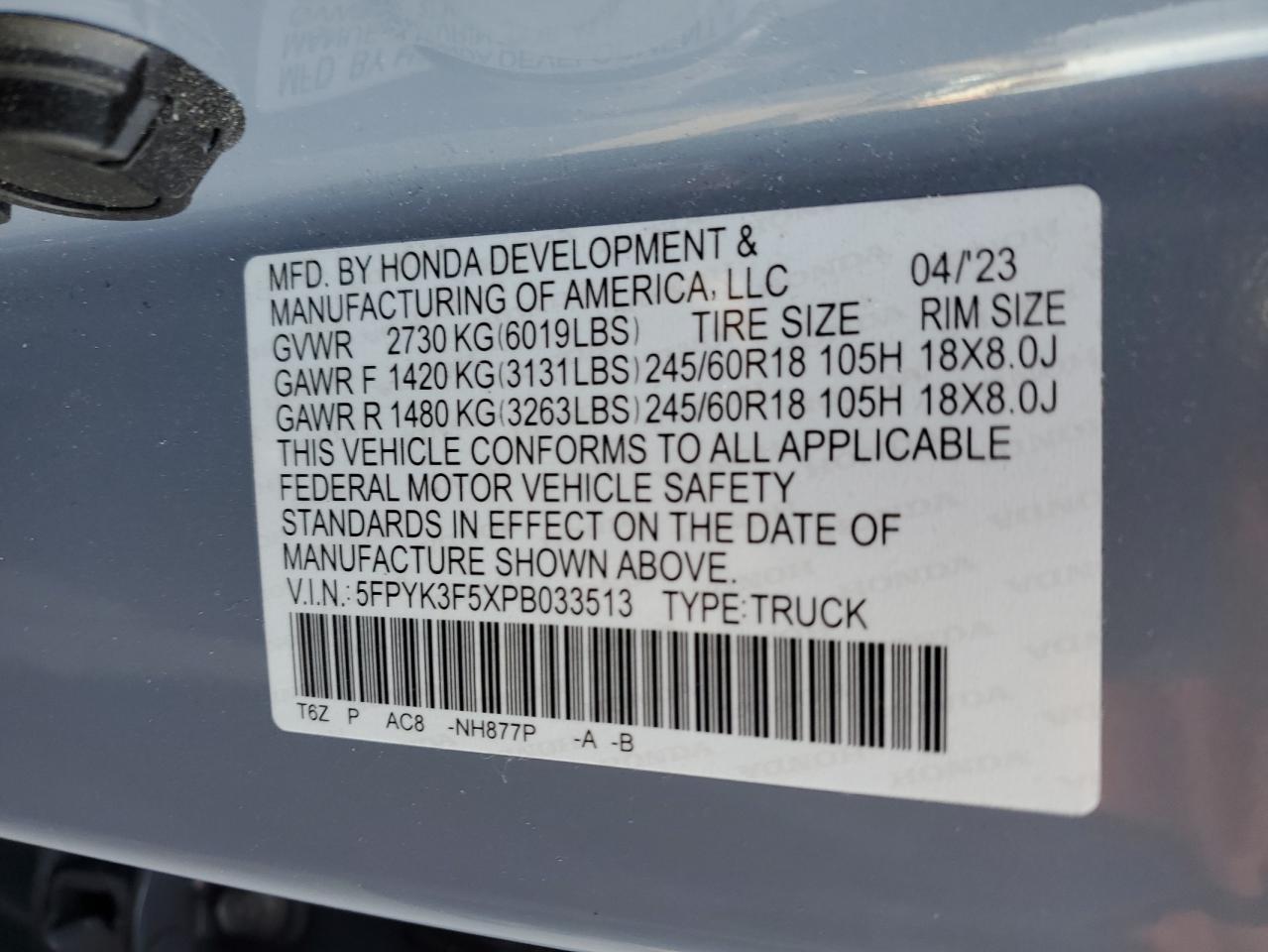 2023 HONDA RIDGELINE RTL VIN:5FPYK3F5XPB033513