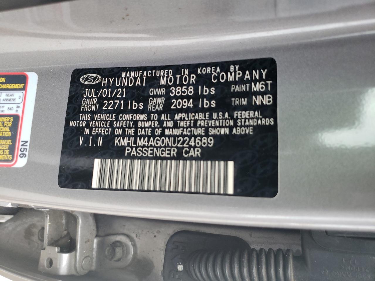 2022 HYUNDAI ELANTRA SEL VIN:KMHLM4AG0NU224689