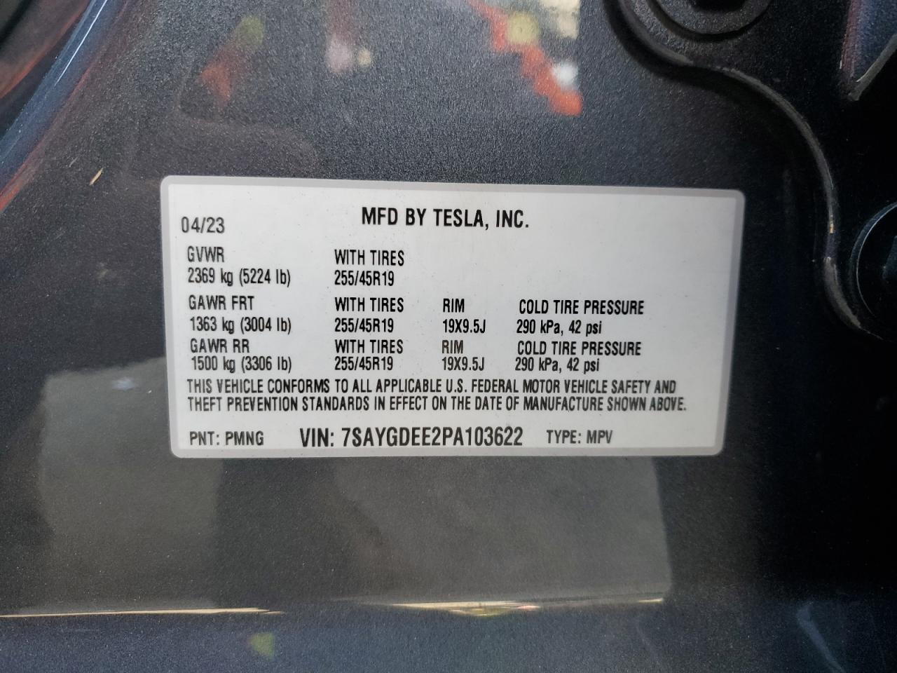 2023 TESLA MODEL Y  VIN:7SAYGDEE2PA103622