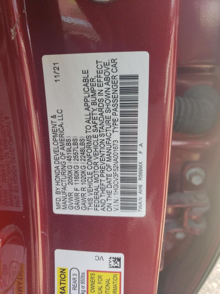 2022 HONDA ACCORD HYBRID EXL VIN:1HGCV3F52NA001673