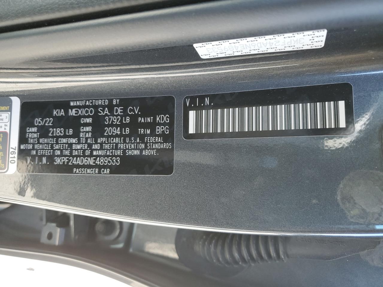 2022 KIA FORTE FE VIN:3KPF24AD6NE489533