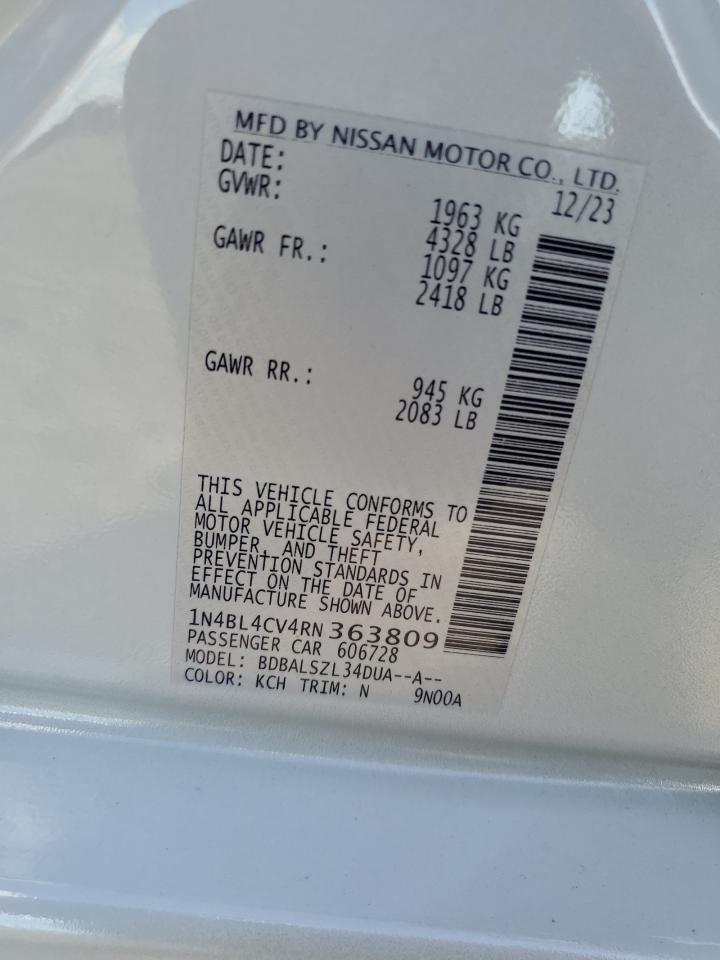2024 NISSAN ALTIMA SR VIN:1N4BL4CV4RN363809