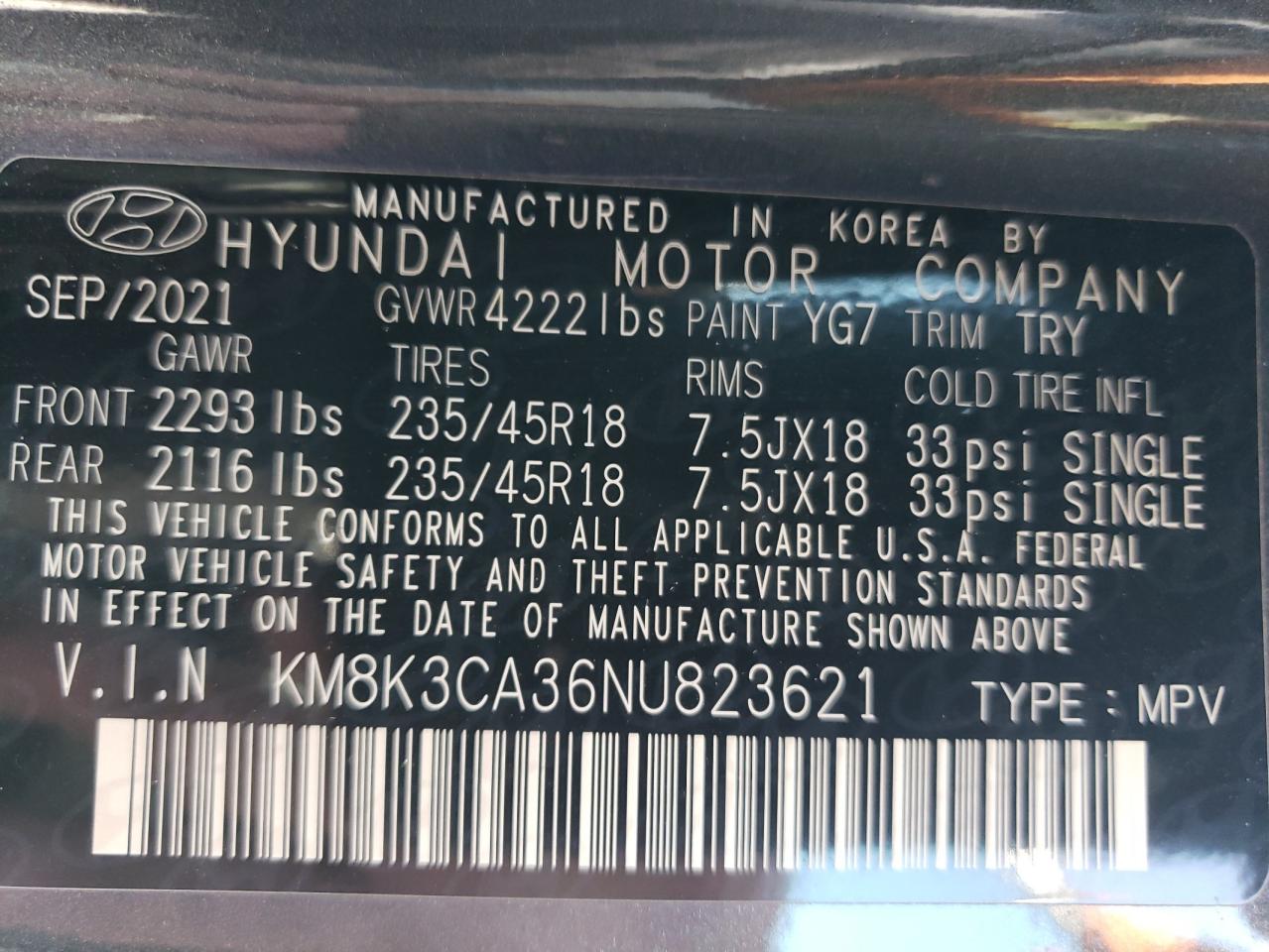 2022 HYUNDAI KONA N LINE VIN:KM8K3CA36NU823621