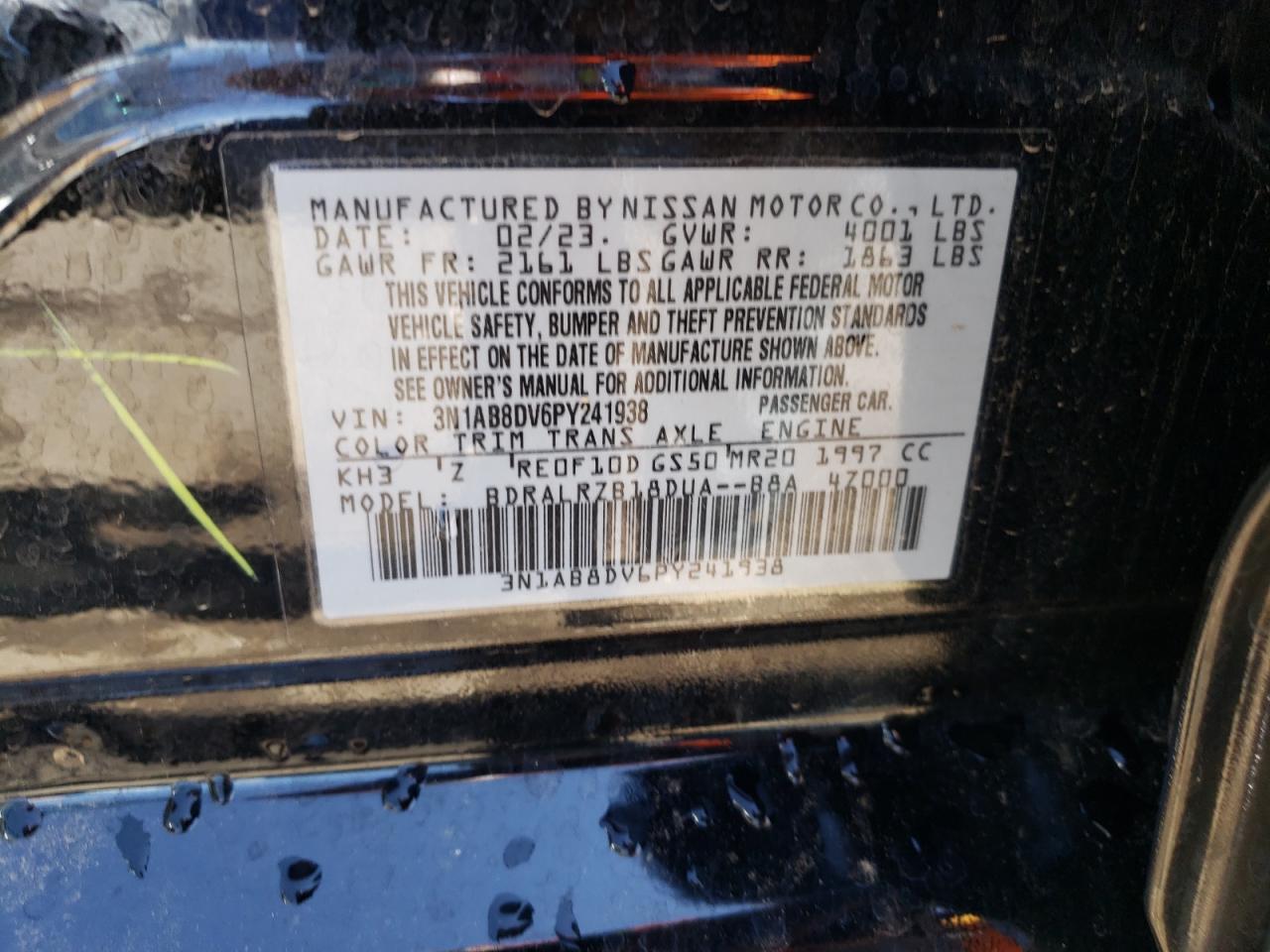 2023 NISSAN SENTRA SR VIN:3N1AB8DV6PY241938