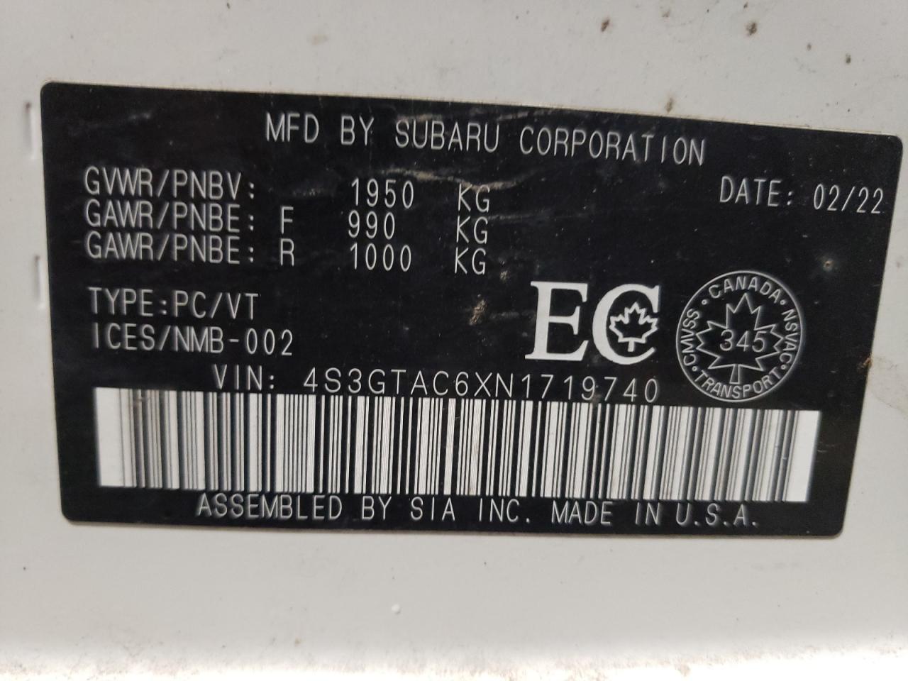 2022 SUBARU IMPREZA TOURING VIN:4S3GTAC6XN1719740