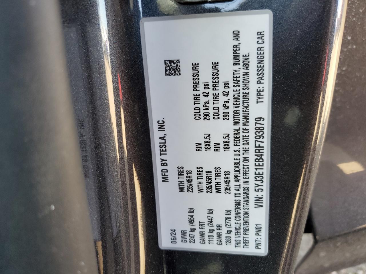 2024 TESLA MODEL 3  VIN:5YJ3E1EB4RF793879