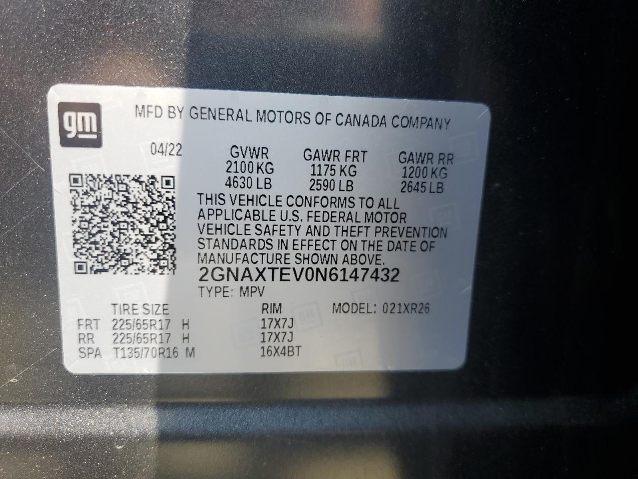 2022 CHEVROLET EQUINOX LT VIN:2GNAXTEV0N6147432