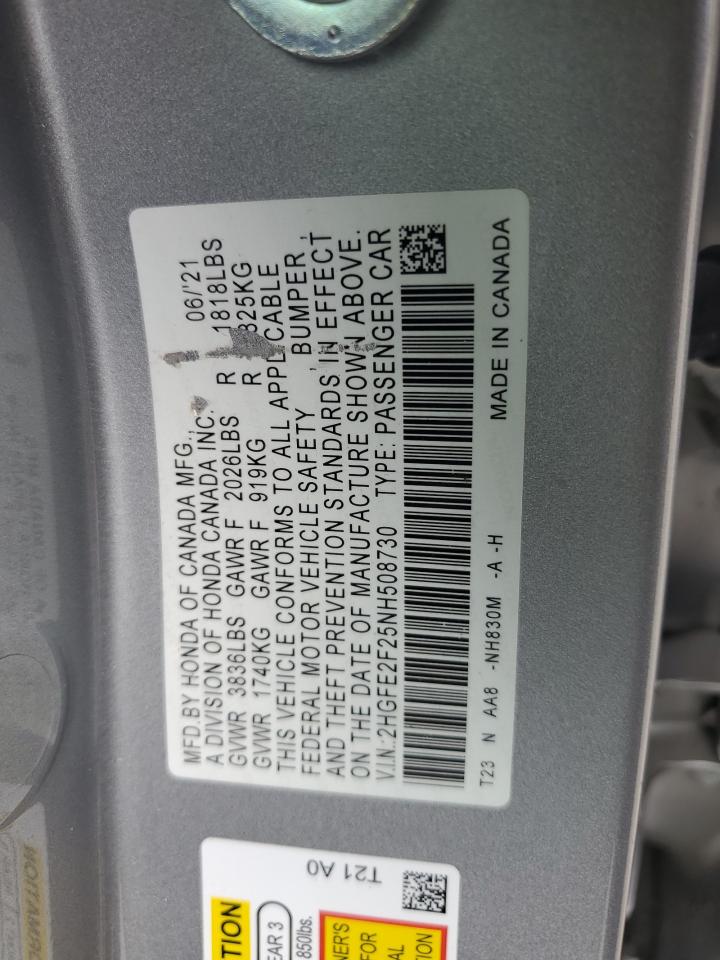 2022 HONDA CIVIC LX VIN:2HGFE2F25NH508730