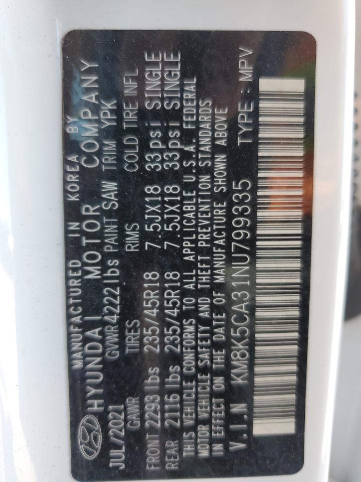 2022 HYUNDAI KONA LIMITED VIN:KM8K5CA31NU799335