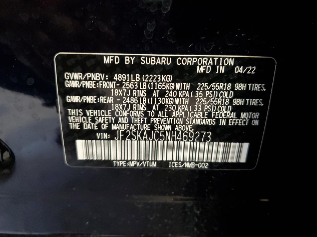 2022 SUBARU FORESTER SPORT VIN:JF2SKAJC5NH469273