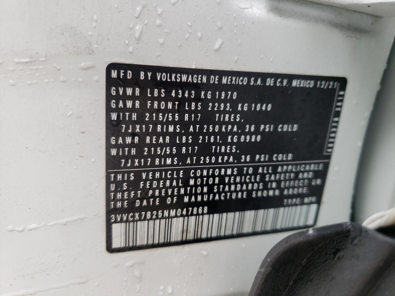 2022 VOLKSWAGEN TAOS S VIN:3VVCX7B25NM047868