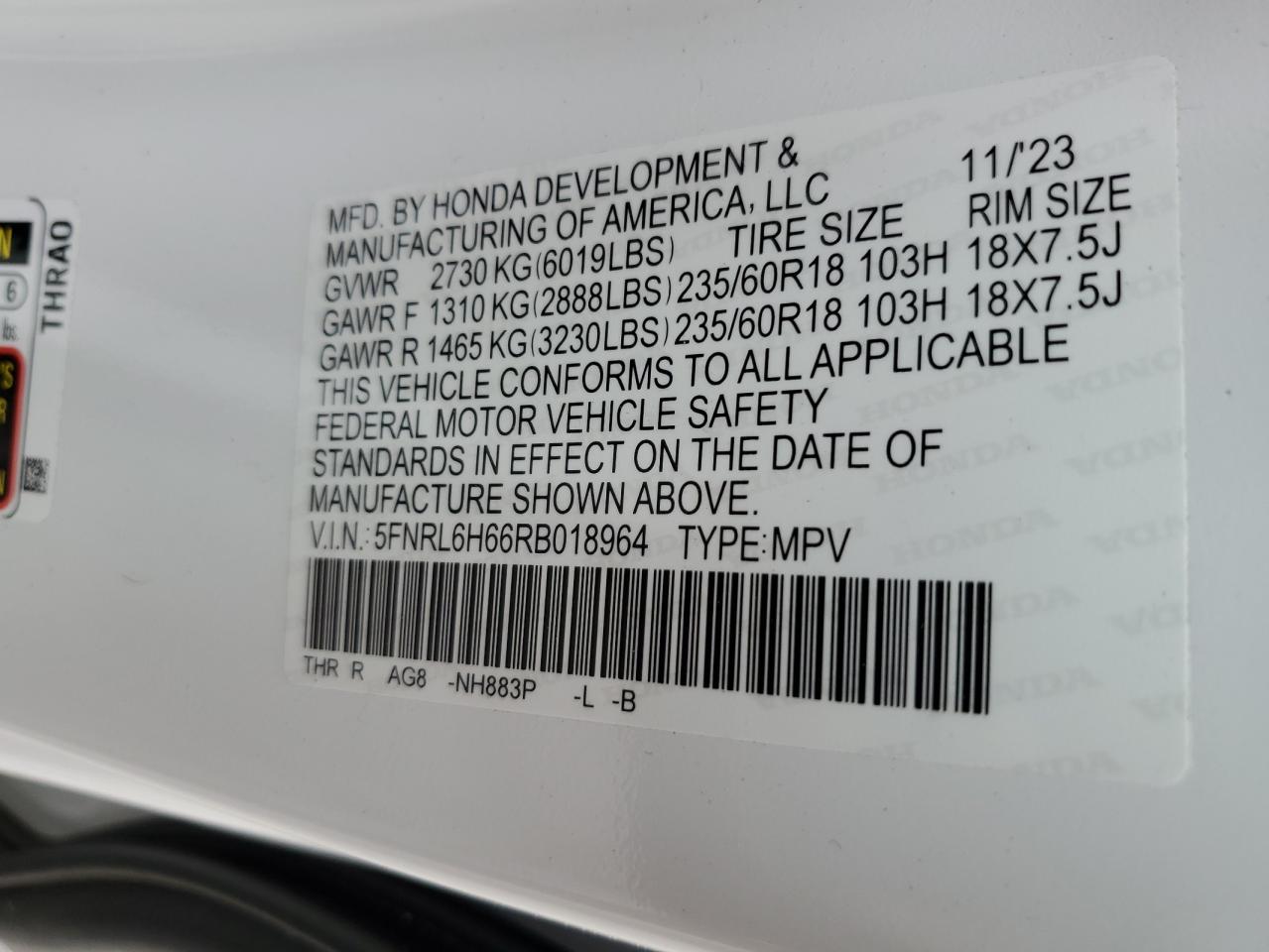 2024 HONDA ODYSSEY EXL VIN:5FNRL6H66RB018964