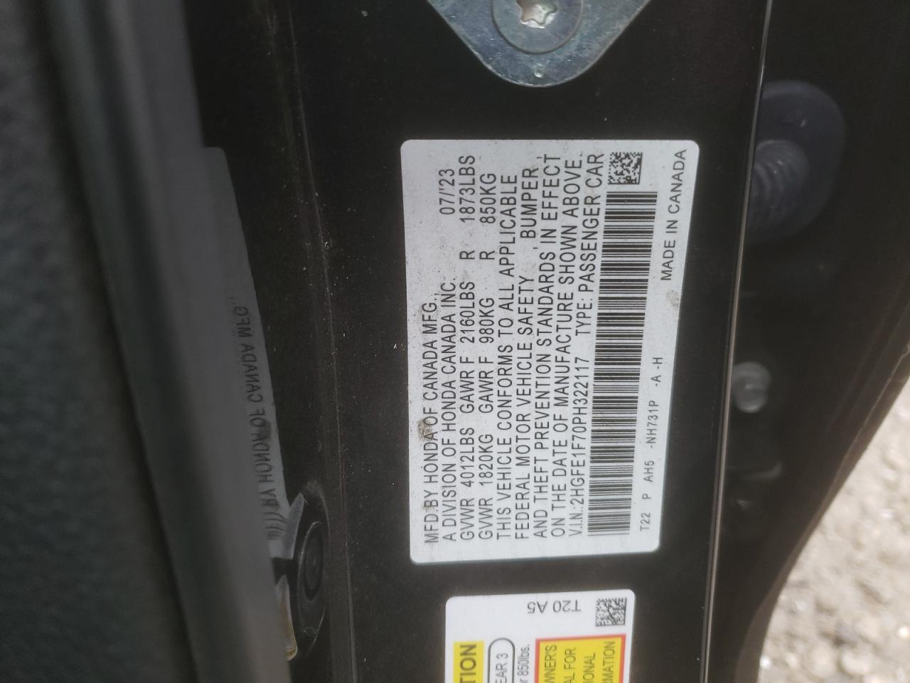 2023 HONDA CIVIC EX VIN:2HGFE1F70PH322117