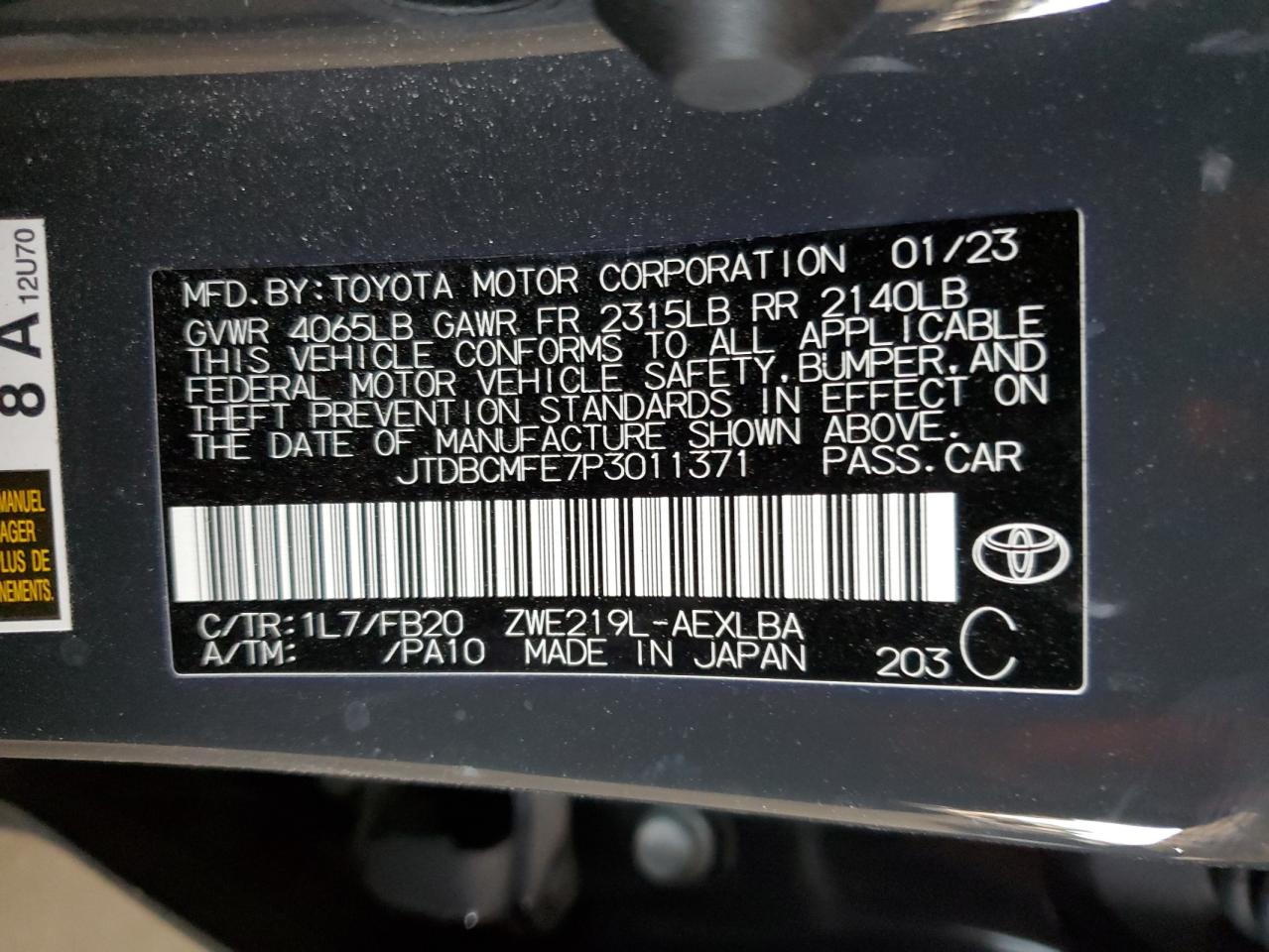 2023 TOYOTA COROLLA LE VIN:JTDBCMFE7P3011371
