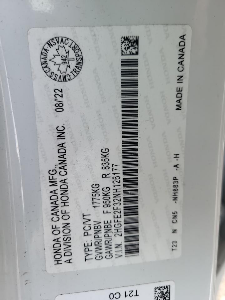 2022 HONDA CIVIC EX VIN:2HGFE2F32NH126177