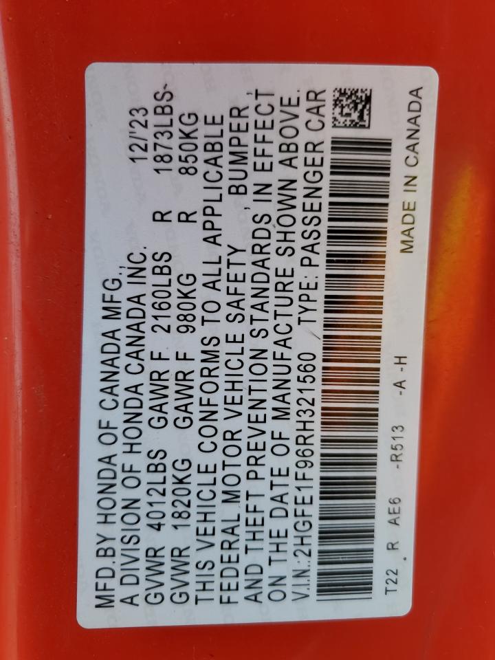 2024 HONDA CIVIC TOURING VIN:2HGFE1F96RH321560