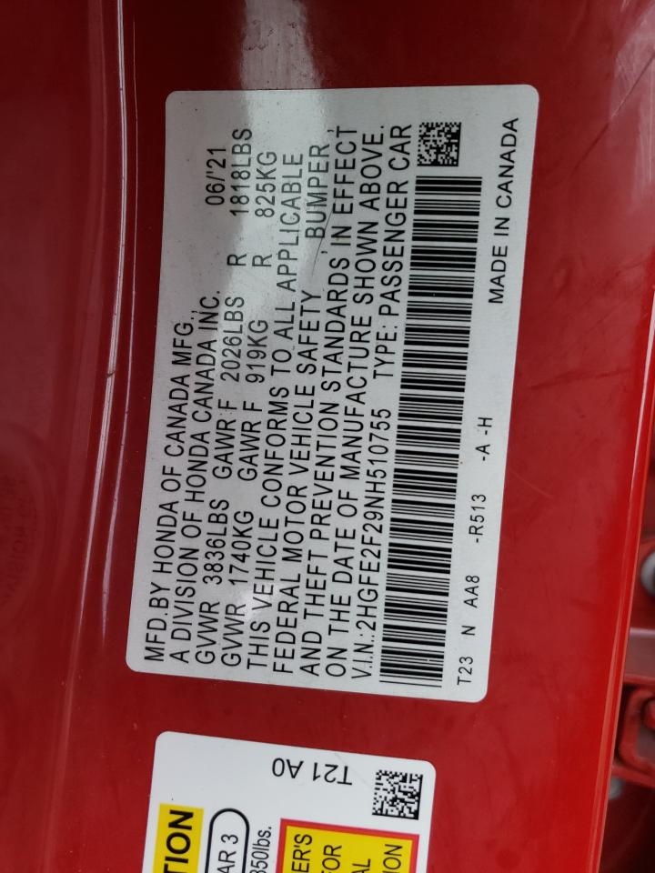 2022 HONDA CIVIC LX VIN:2HGFE2F29NH510755