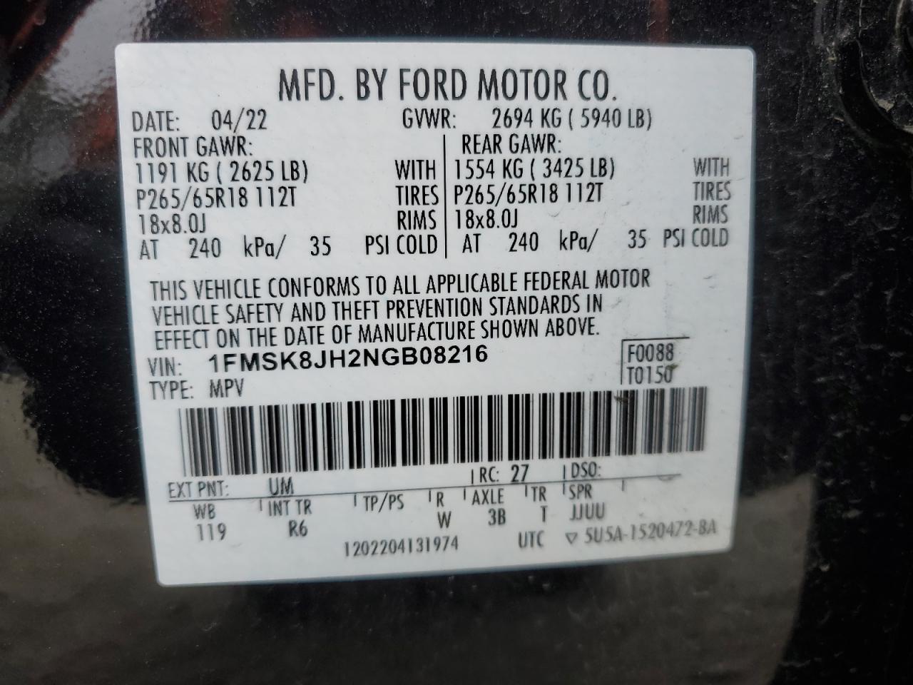 2022 FORD EXPLORER TIMBERLINE VIN:1FMSK8JH2NGB08216
