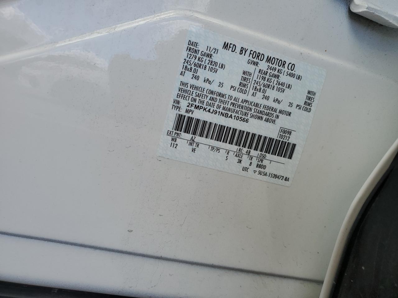 2022 FORD EDGE SEL VIN:2FMPK4J91NBA10566