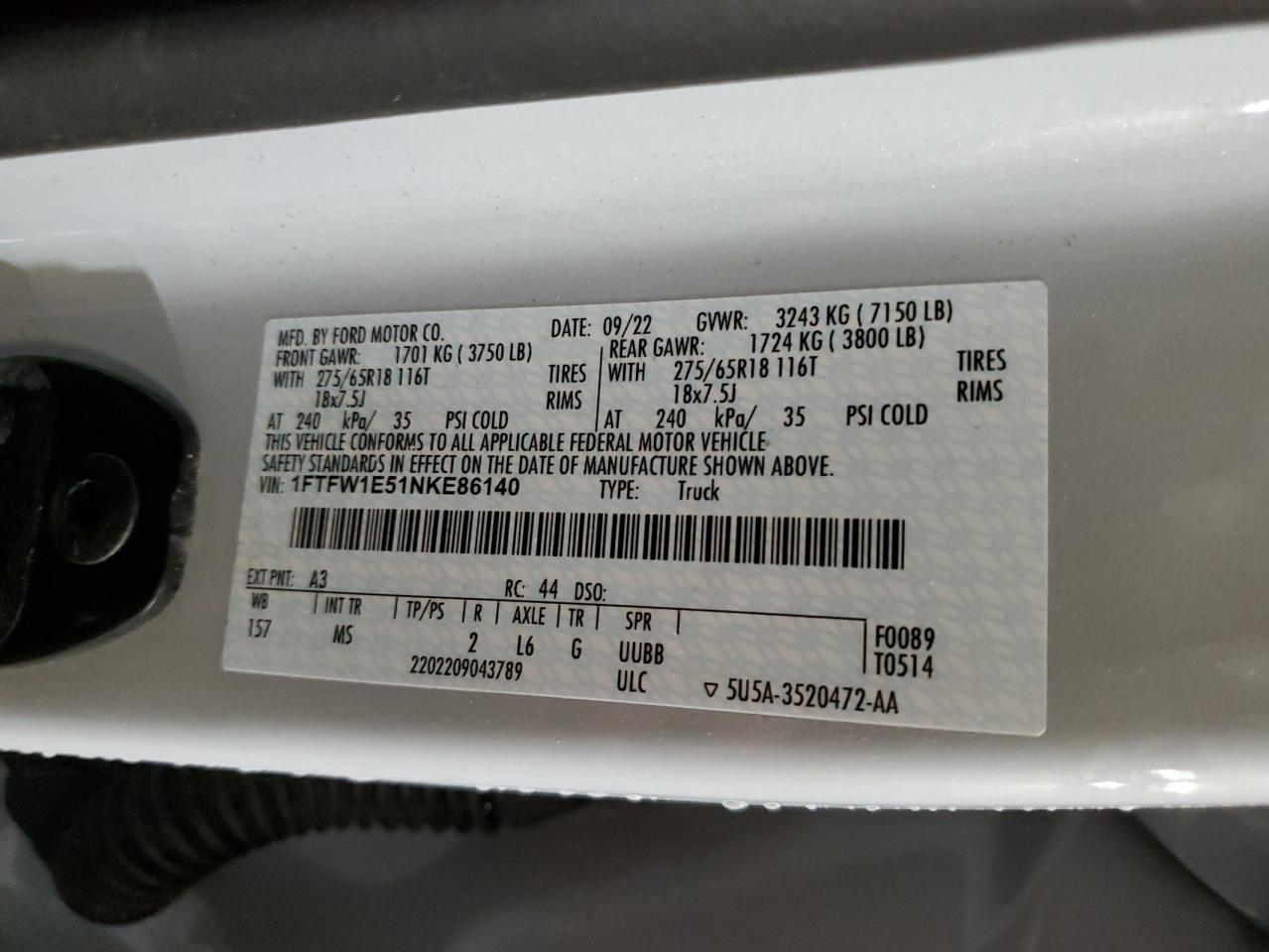 2022 FORD F150 SUPERCREW VIN:1FTFW1E51NKE86140