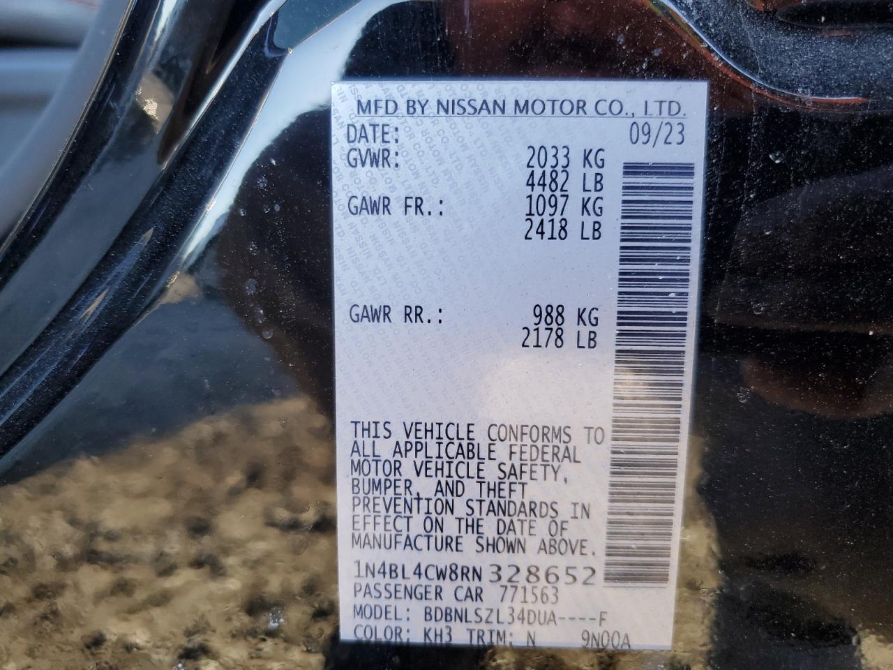 2024 NISSAN ALTIMA SR VIN:1N4BL4CW8RN328652