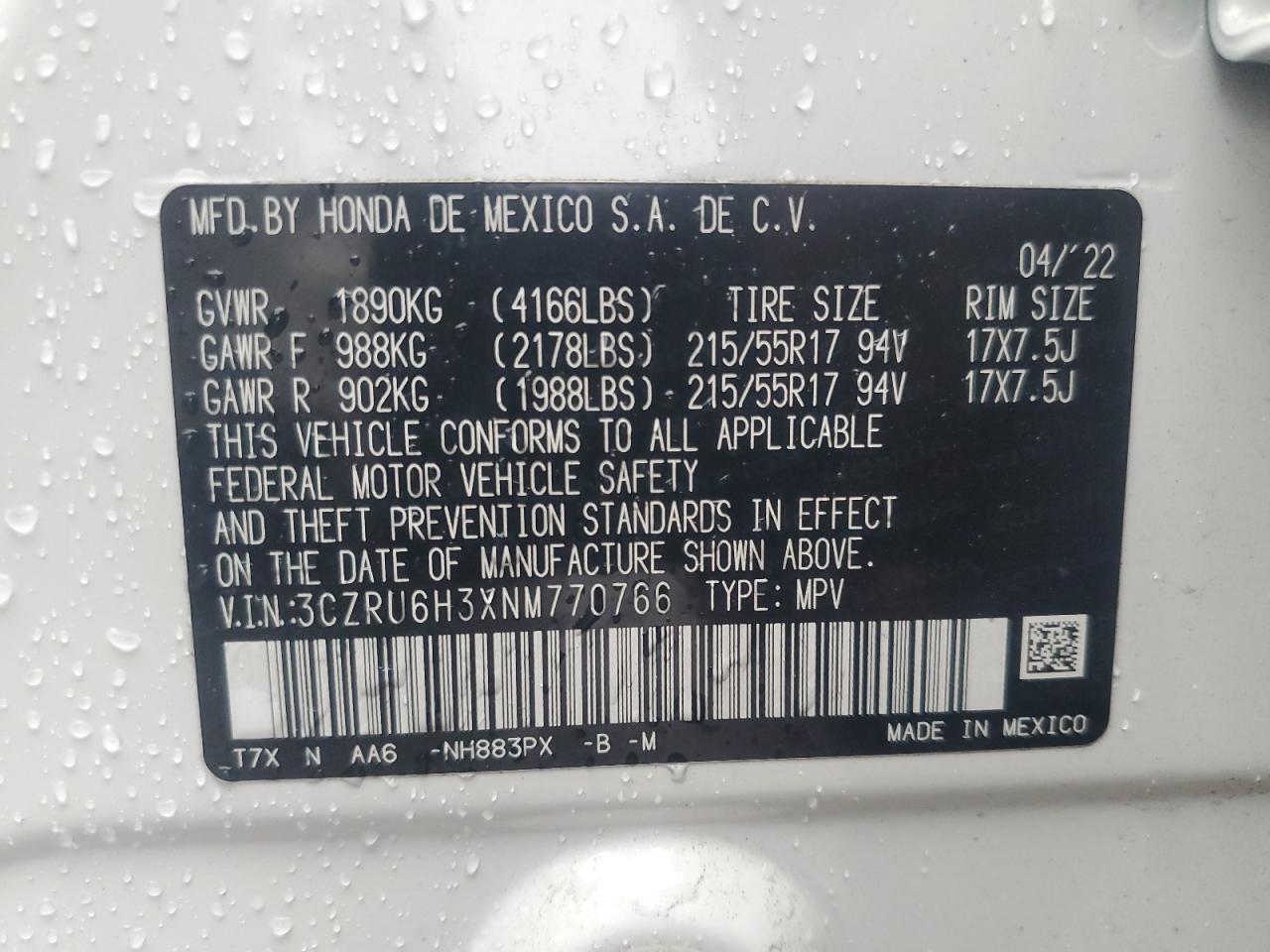 2022 HONDA HR-V LX VIN:3CZRU6H3XNM770766