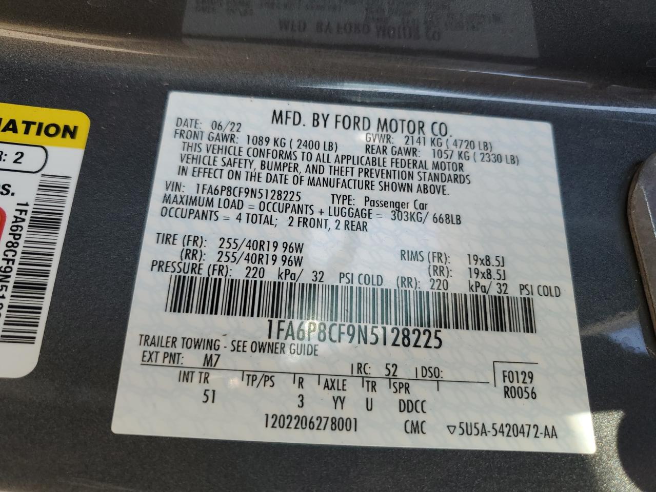 2022 FORD MUSTANG GT VIN:1FA6P8CF9N5128225