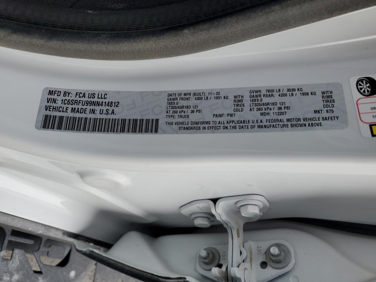 2022 RAM 1500 TRX VIN:1C6SRFU99NN414812