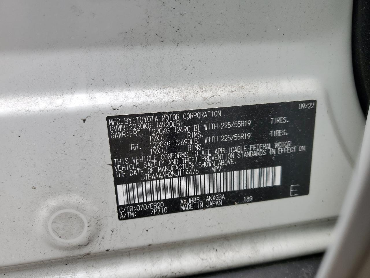 2022 TOYOTA VENZA LE VIN:JTEAAAAH2NJ114476