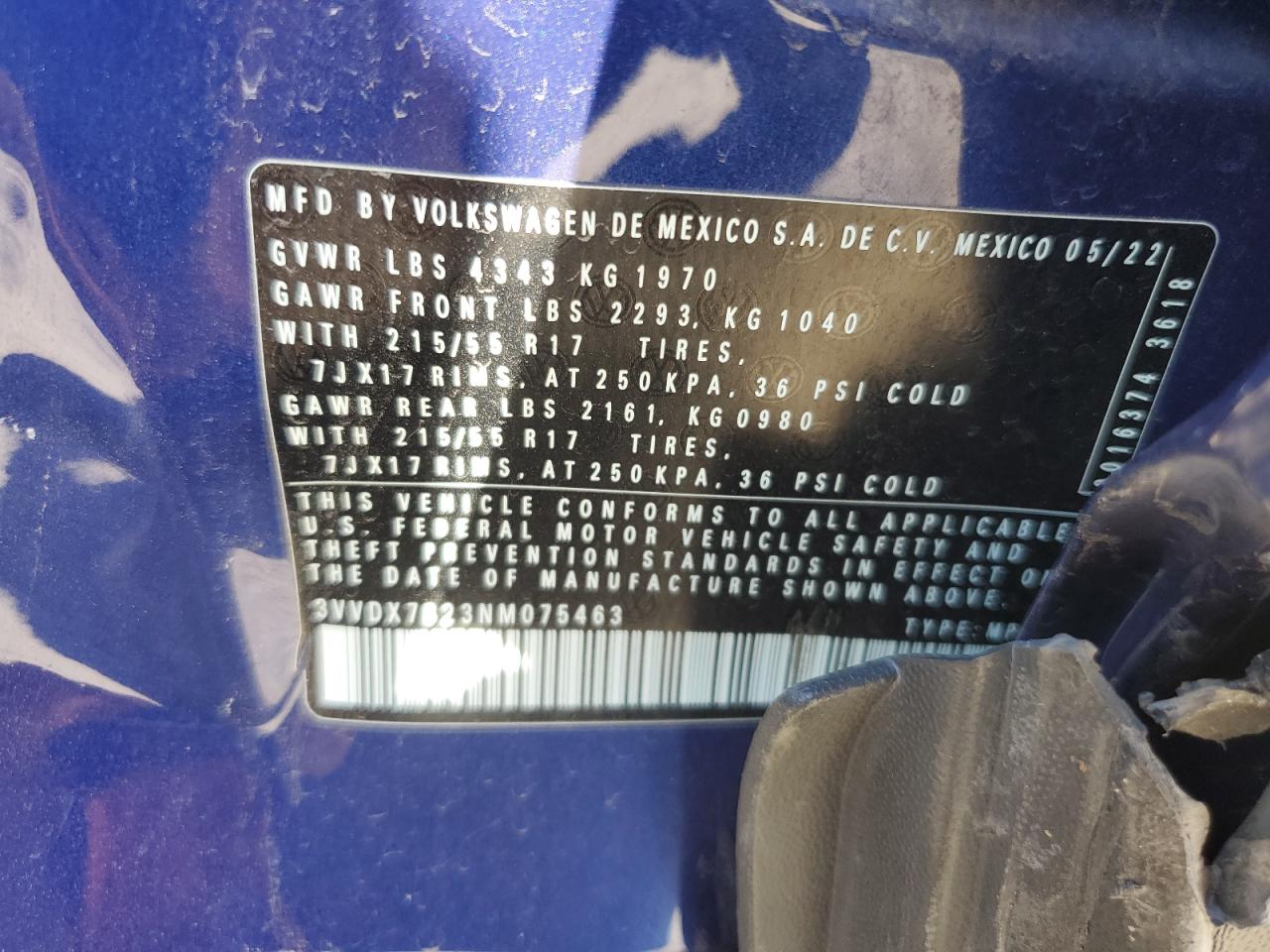 2022 VOLKSWAGEN TAOS S VIN:3VVDX7B23NM075463