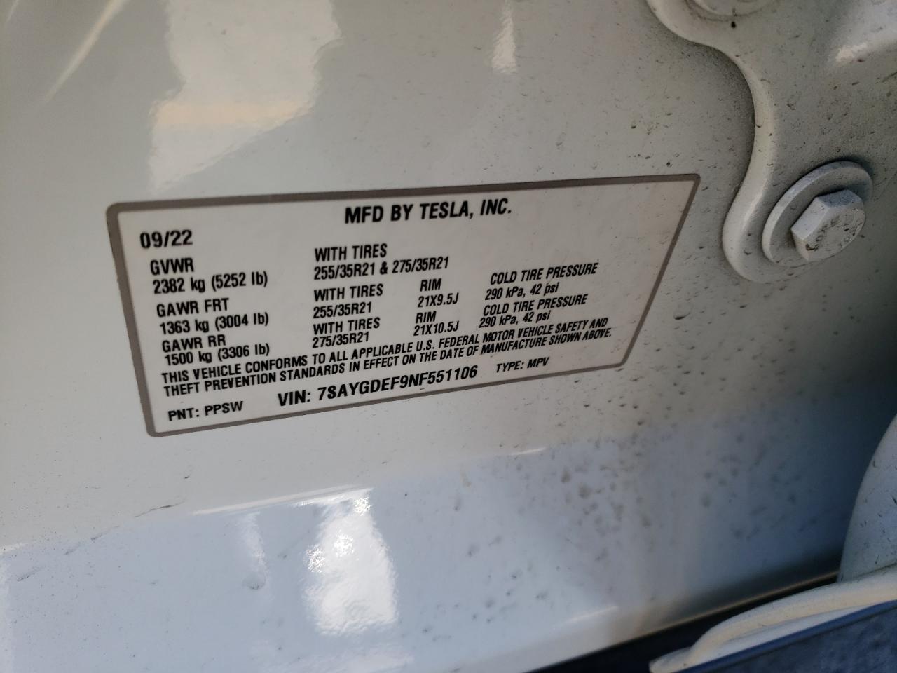 2022 TESLA MODEL Y  VIN:7SAYGDEF9NF551106