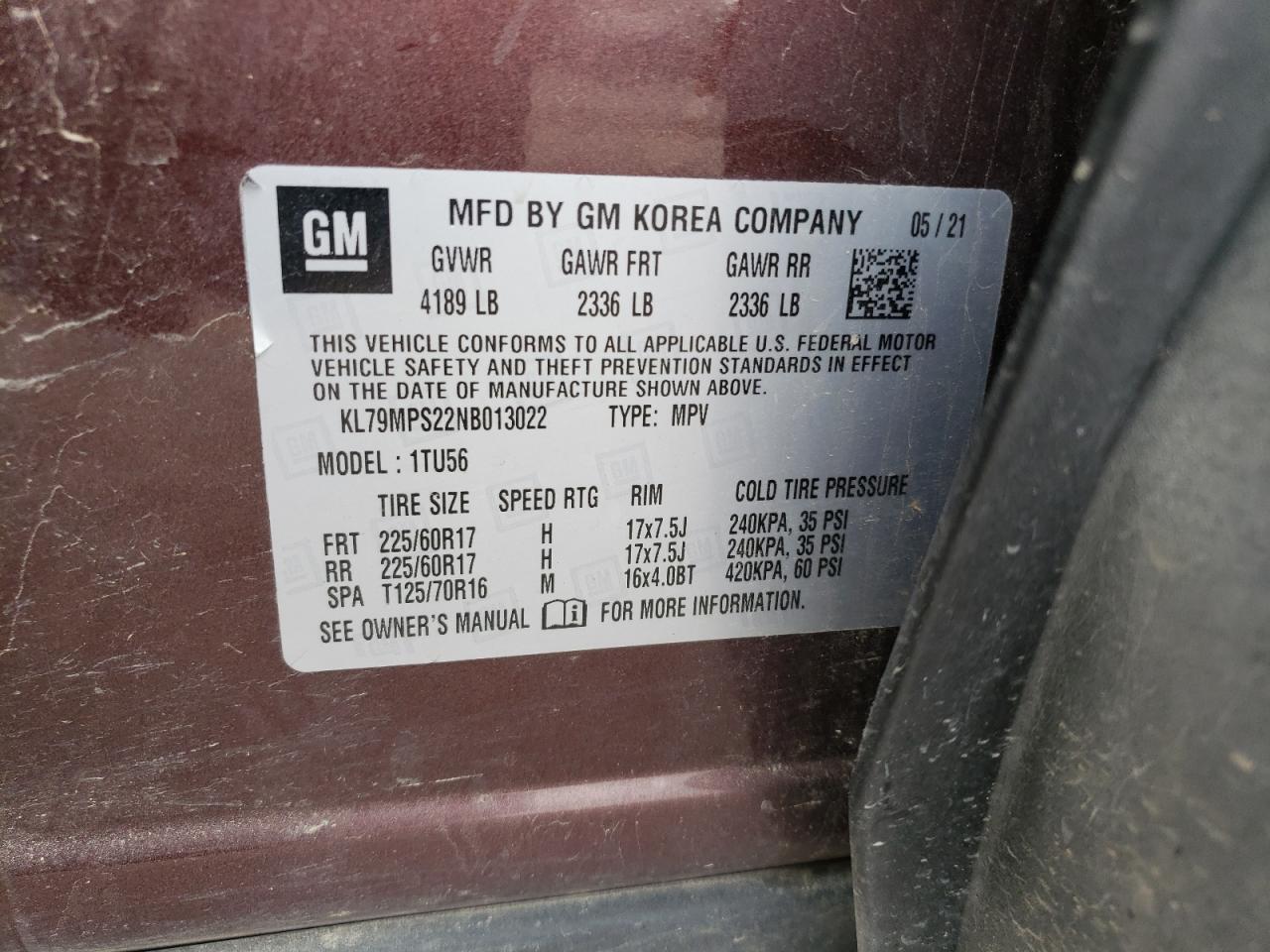 2022 CHEVROLET TRAILBLAZER LT VIN:KL79MPS22NB013022