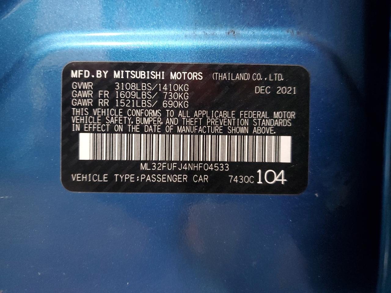 2022 MITSUBISHI MIRAGE G4 ES VIN:ML32FUFJ4NHF04533