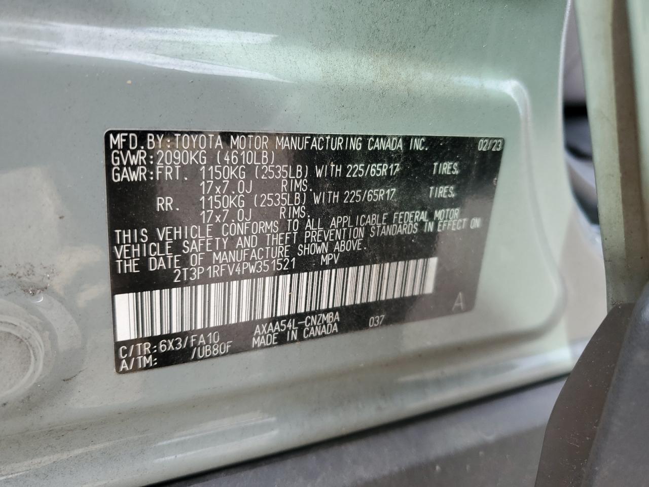 2023 TOYOTA RAV4 XLE VIN:2T3P1RFV4PW351521