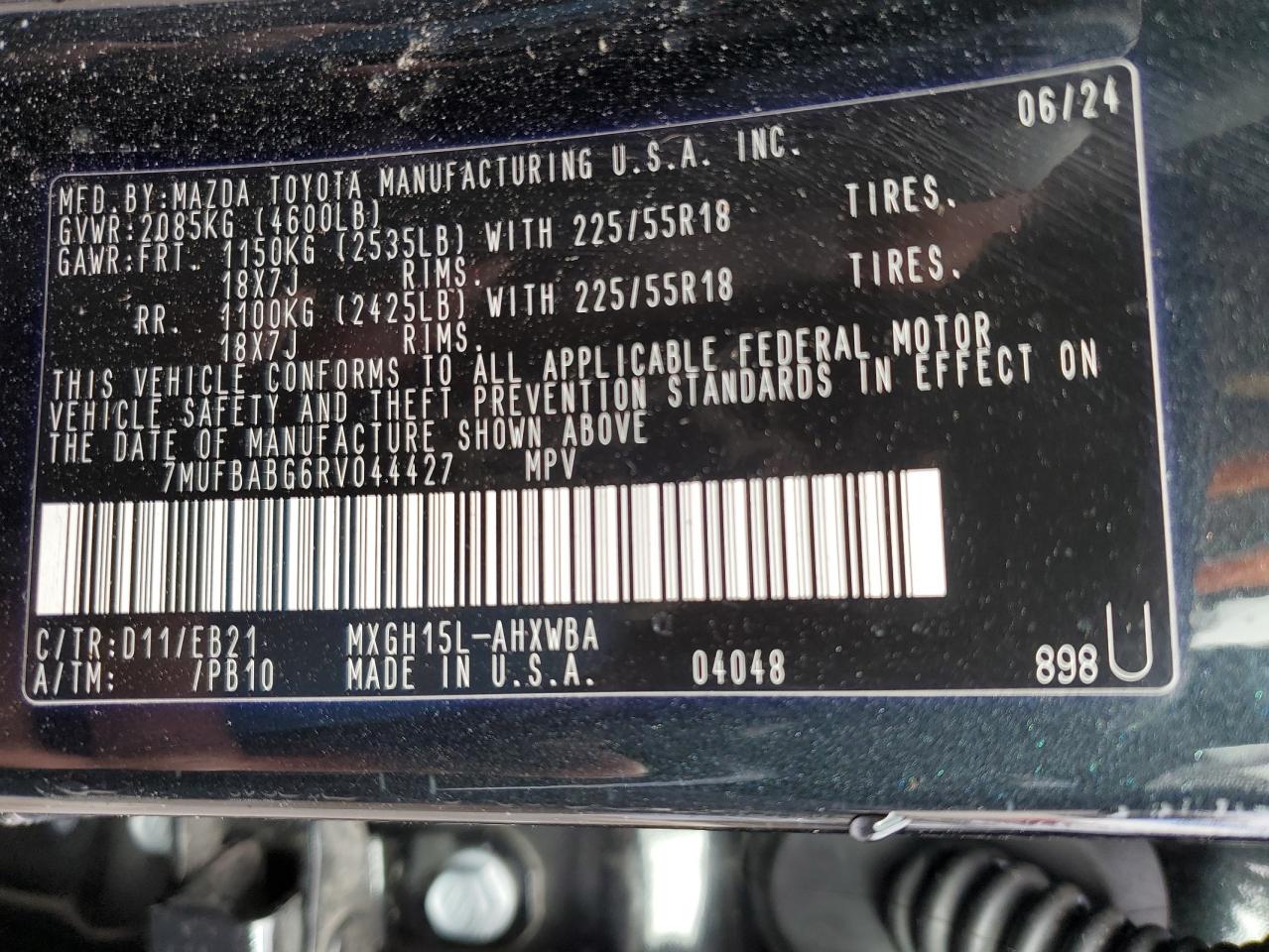 2024 TOYOTA COROLLA CROSS SE VIN:7MUFBABG6RV044427