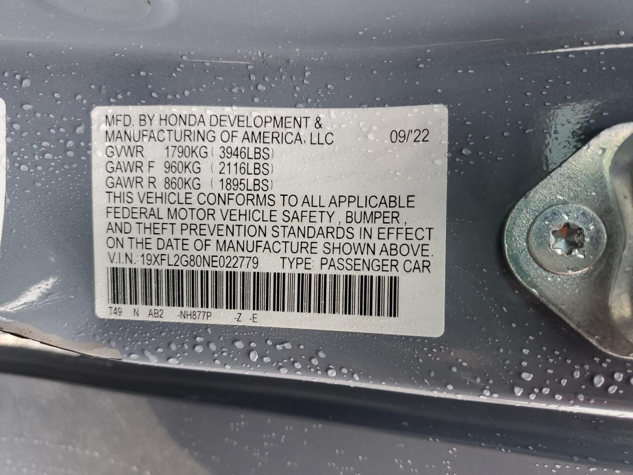 2022 HONDA CIVIC SPORT VIN:19XFL2G80NE022779