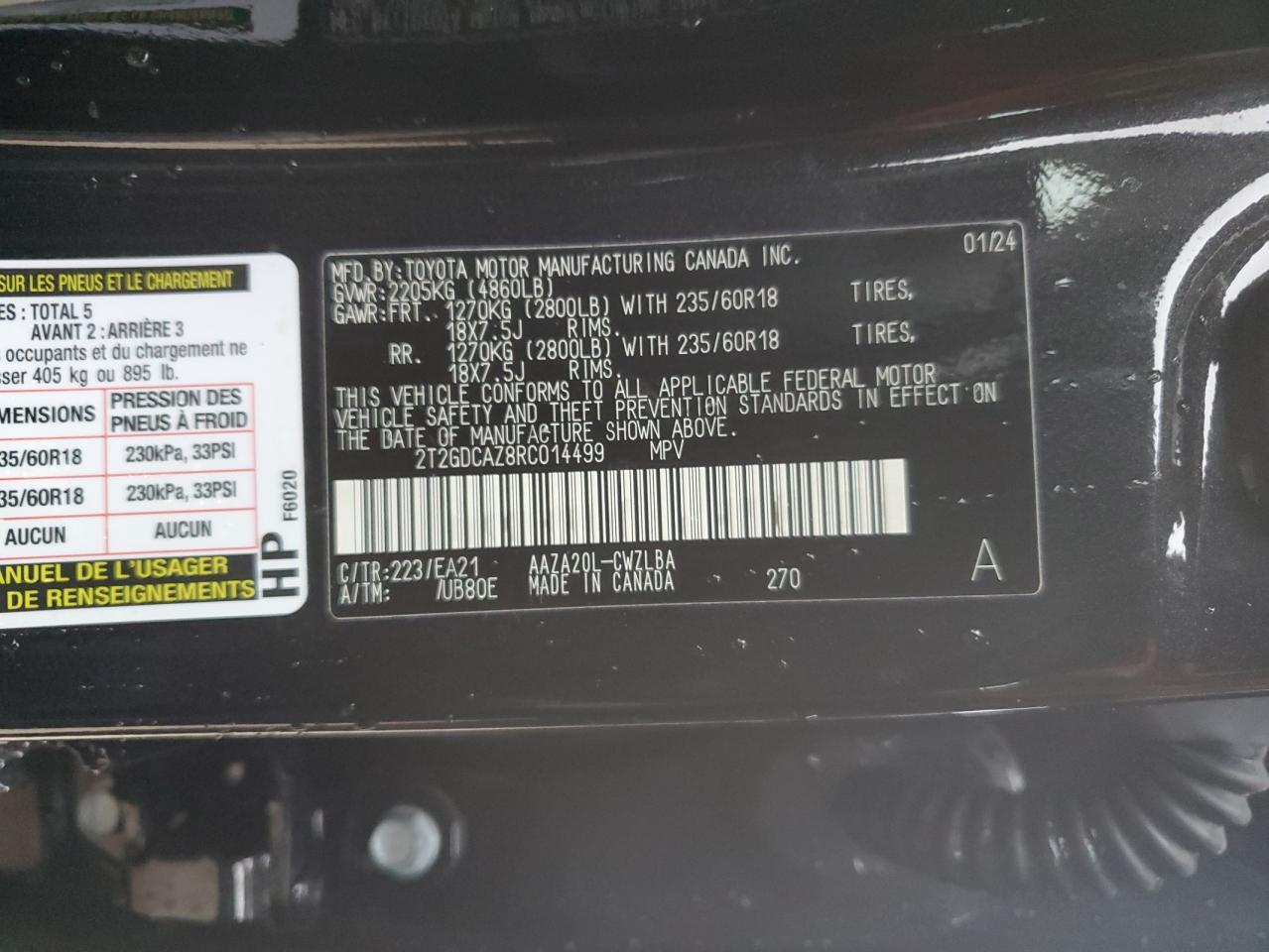 2024 LEXUS NX 250 PREMIUM VIN:2T2GDCAZ8RC014499