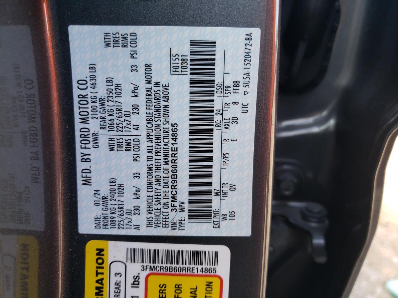 2024 FORD BRONCO SPORT BIG BEND VIN:3FMCR9B60RRE14865