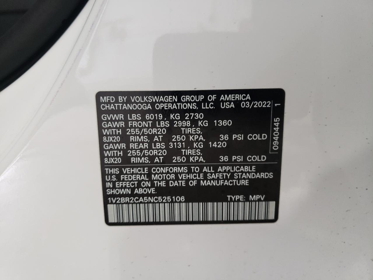 2022 VOLKSWAGEN ATLAS SEL VIN:1V2BR2CA5NC525106