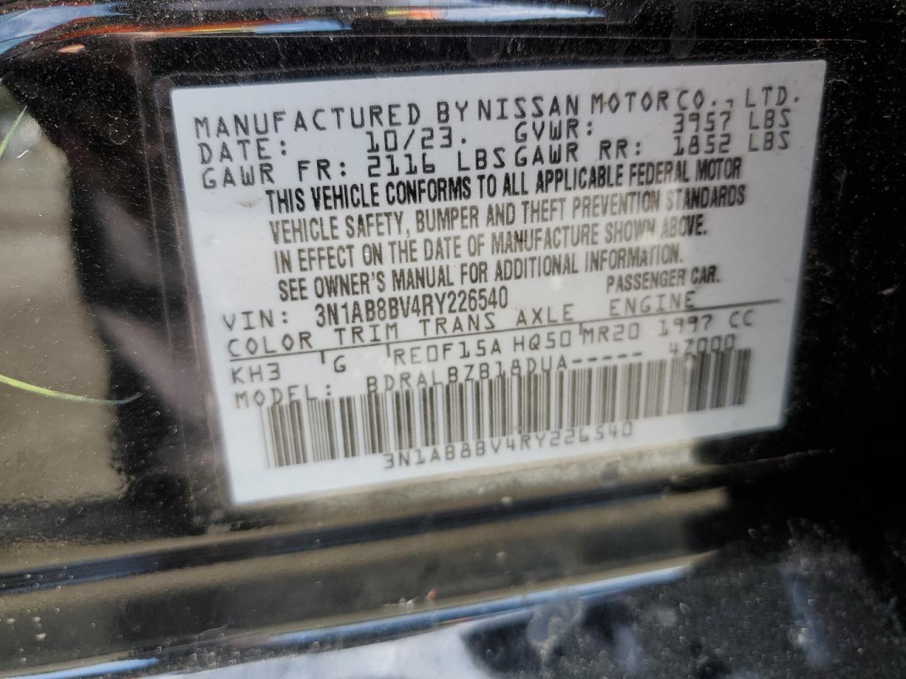 2024 NISSAN SENTRA S VIN:3N1AB8BV4RY226540