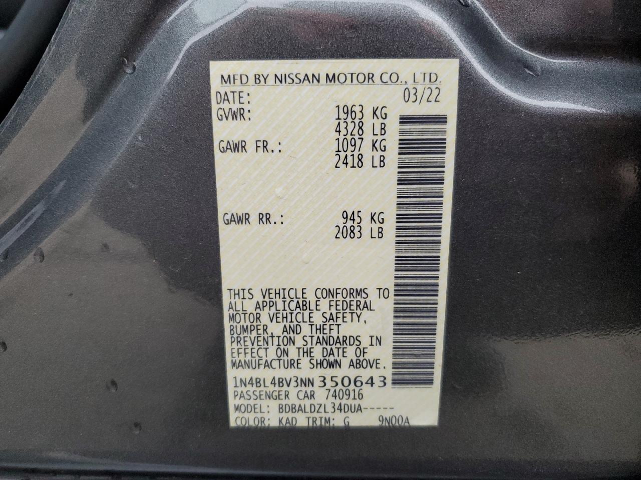 2022 NISSAN ALTIMA S VIN:1N4BL4BV3NN350643