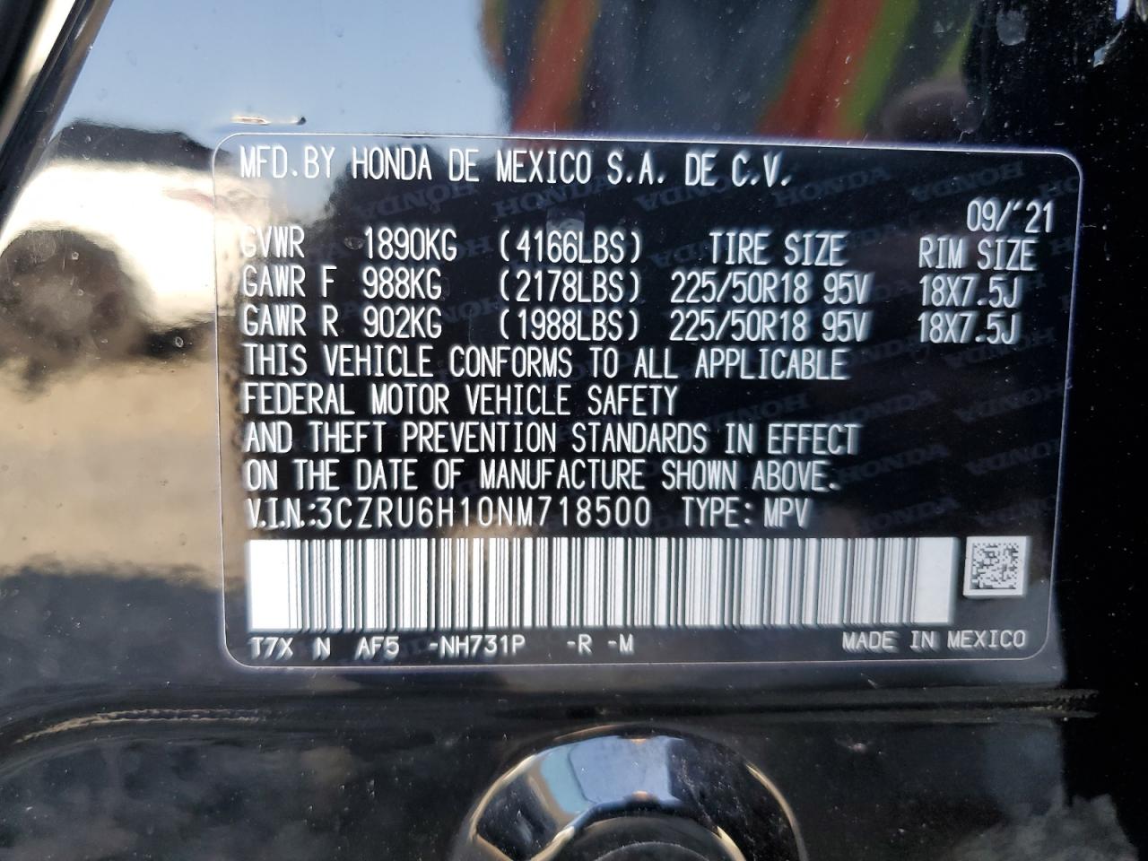 2022 HONDA HR-V SPORT VIN:3CZRU6H10NM718500