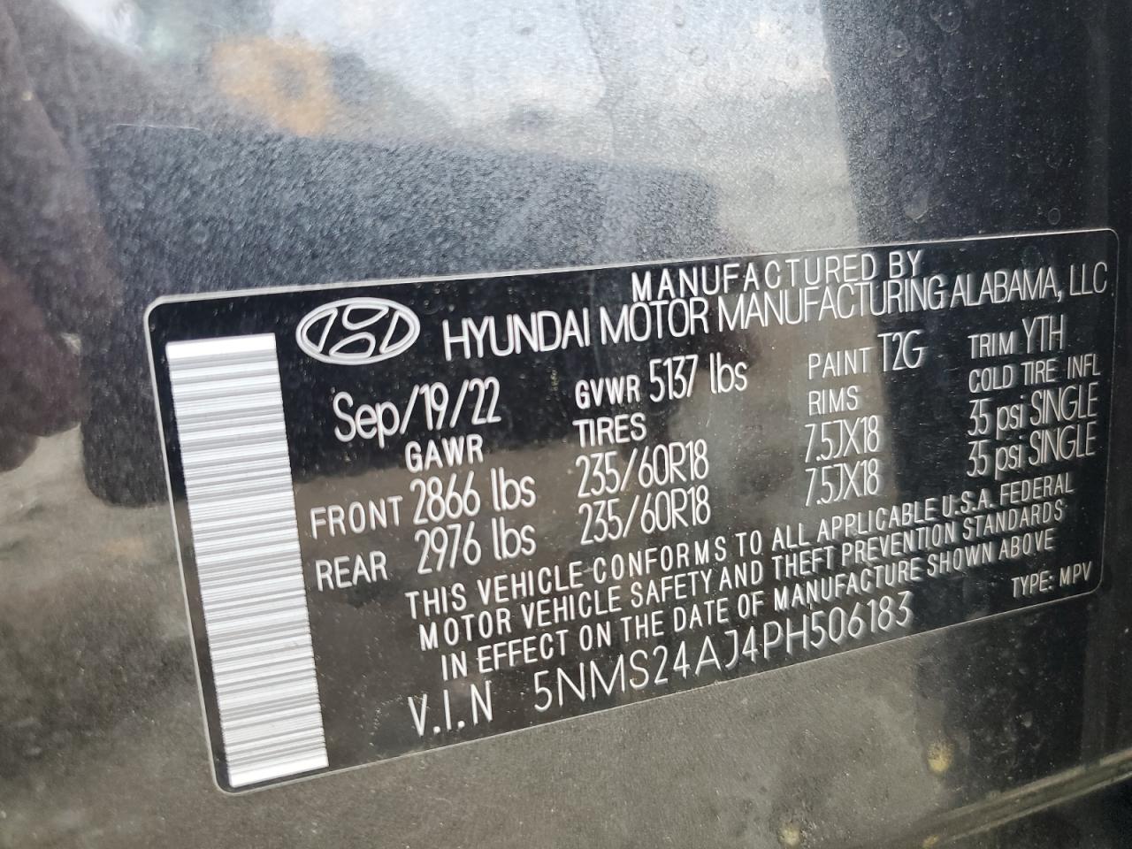 2023 HYUNDAI SANTA FE SEL VIN:5NMS24AJ4PH506183