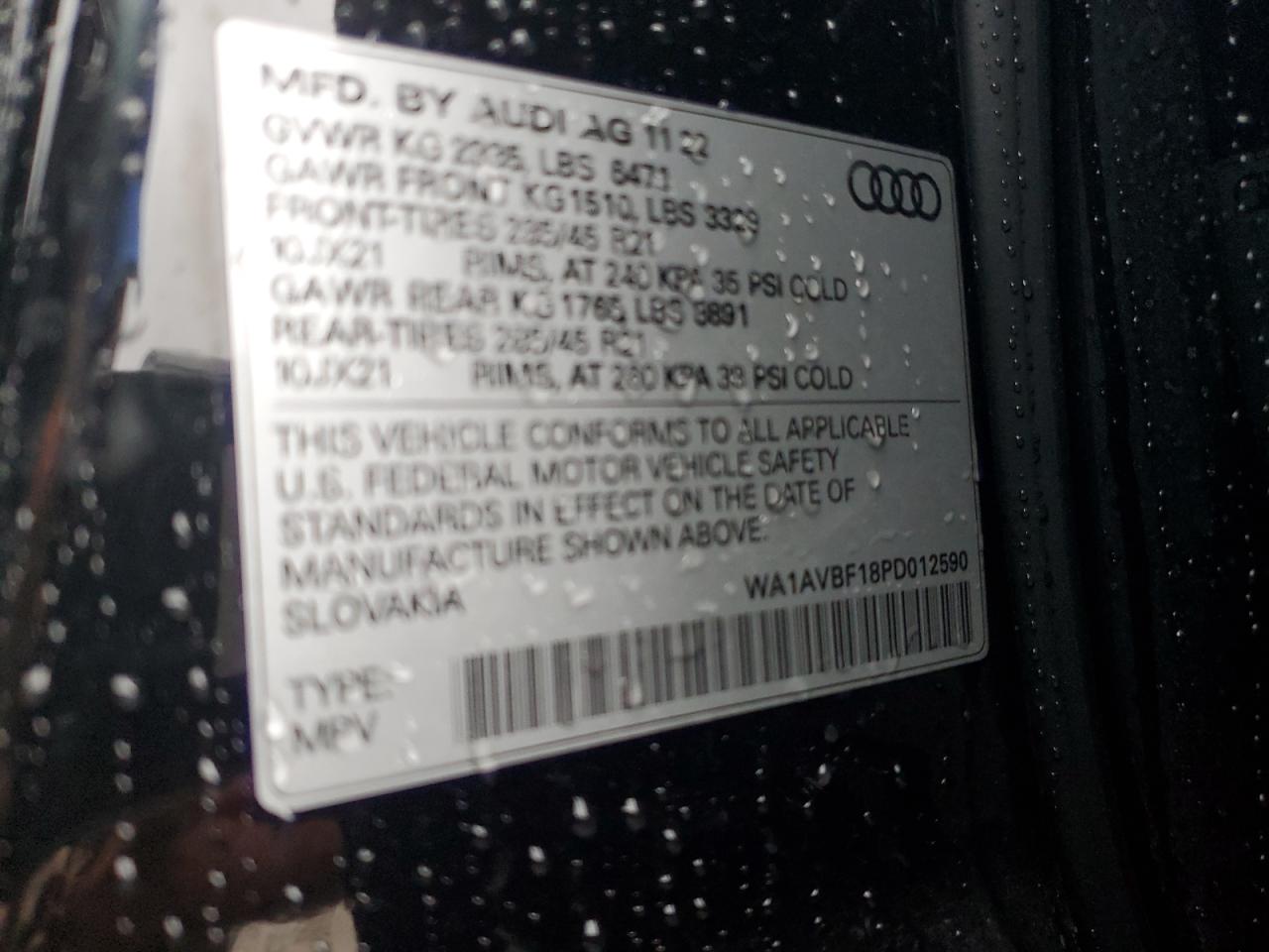 2023 AUDI Q8 PREMIUM VIN:WA1AVBF18PD012590