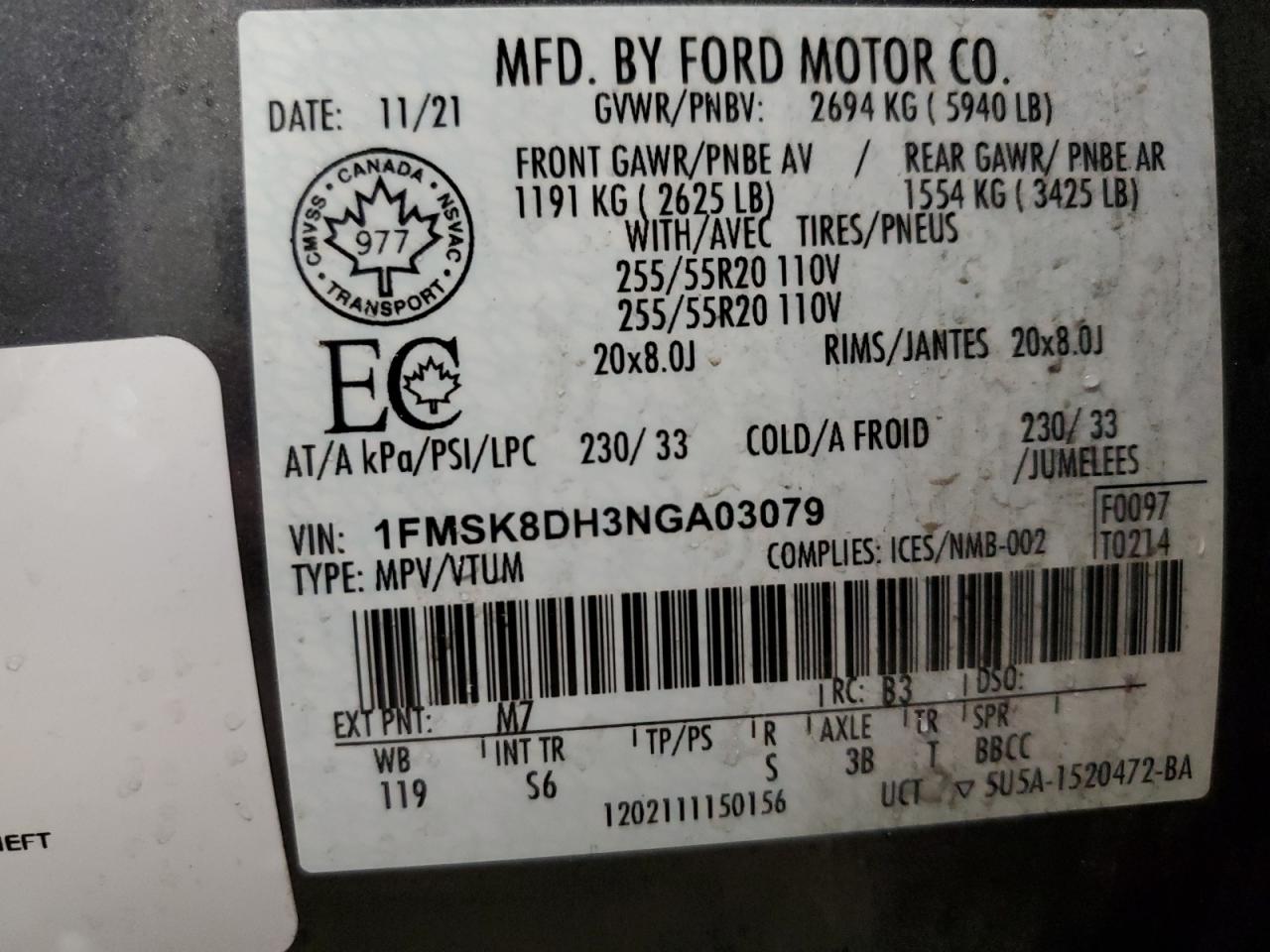 2022 FORD EXPLORER XLT VIN:1FMSK8DH3NGA03079
