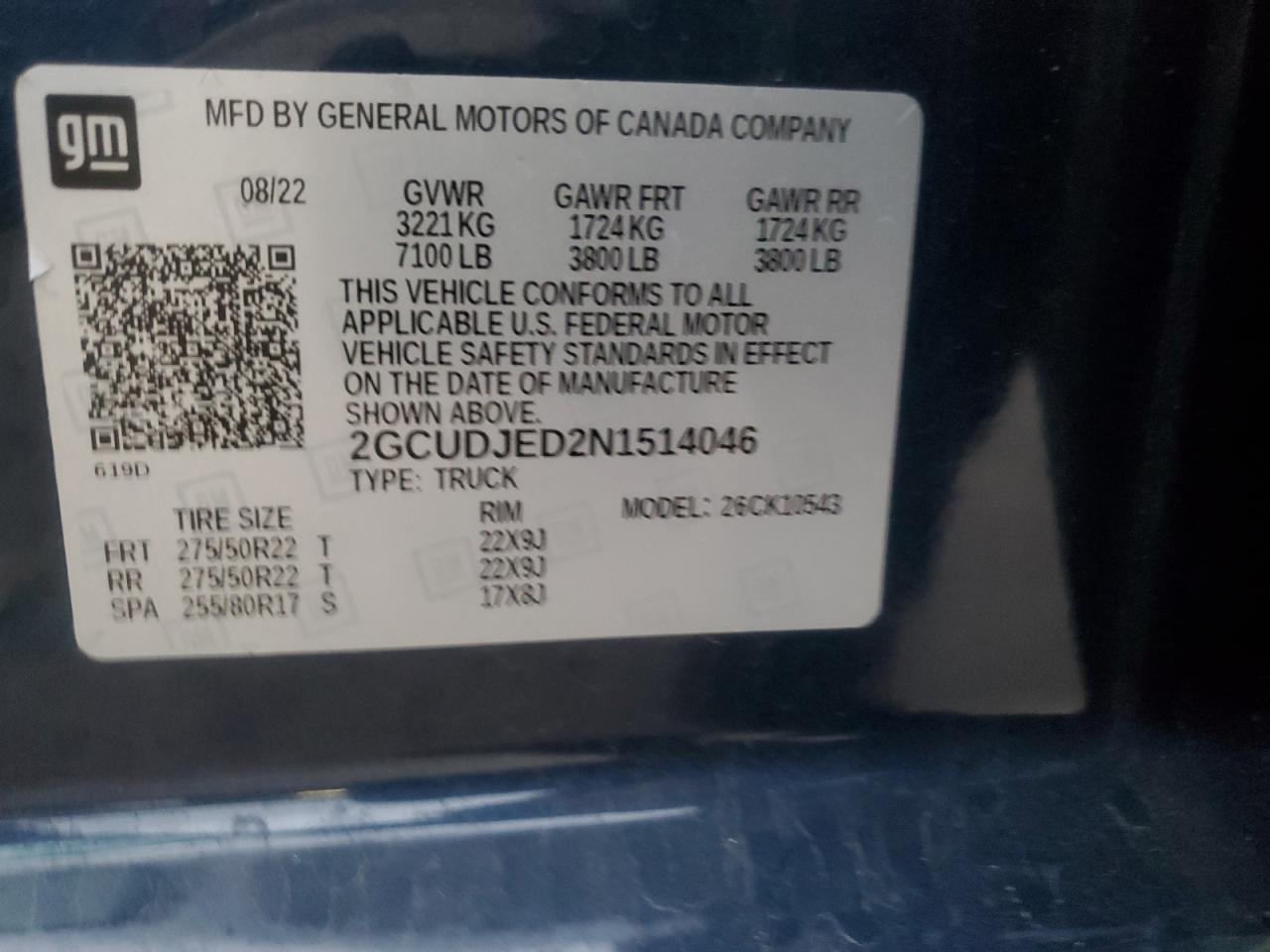 2022 CHEVROLET SILVERADO K1500 HIGH COUNTRY VIN:2GCUDJED2N1514046