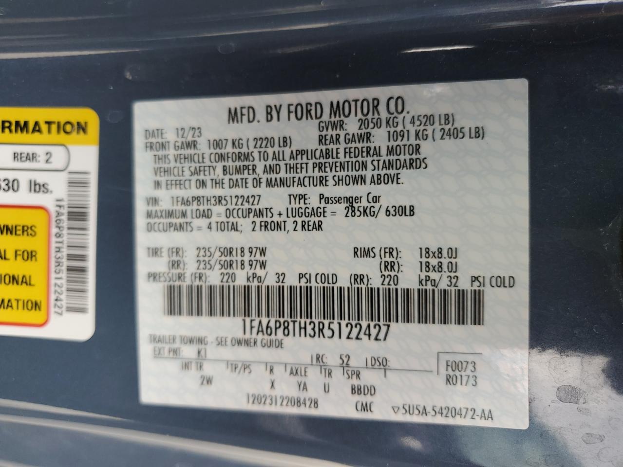 2024 FORD MUSTANG  VIN:1FA6P8TH3R5122427