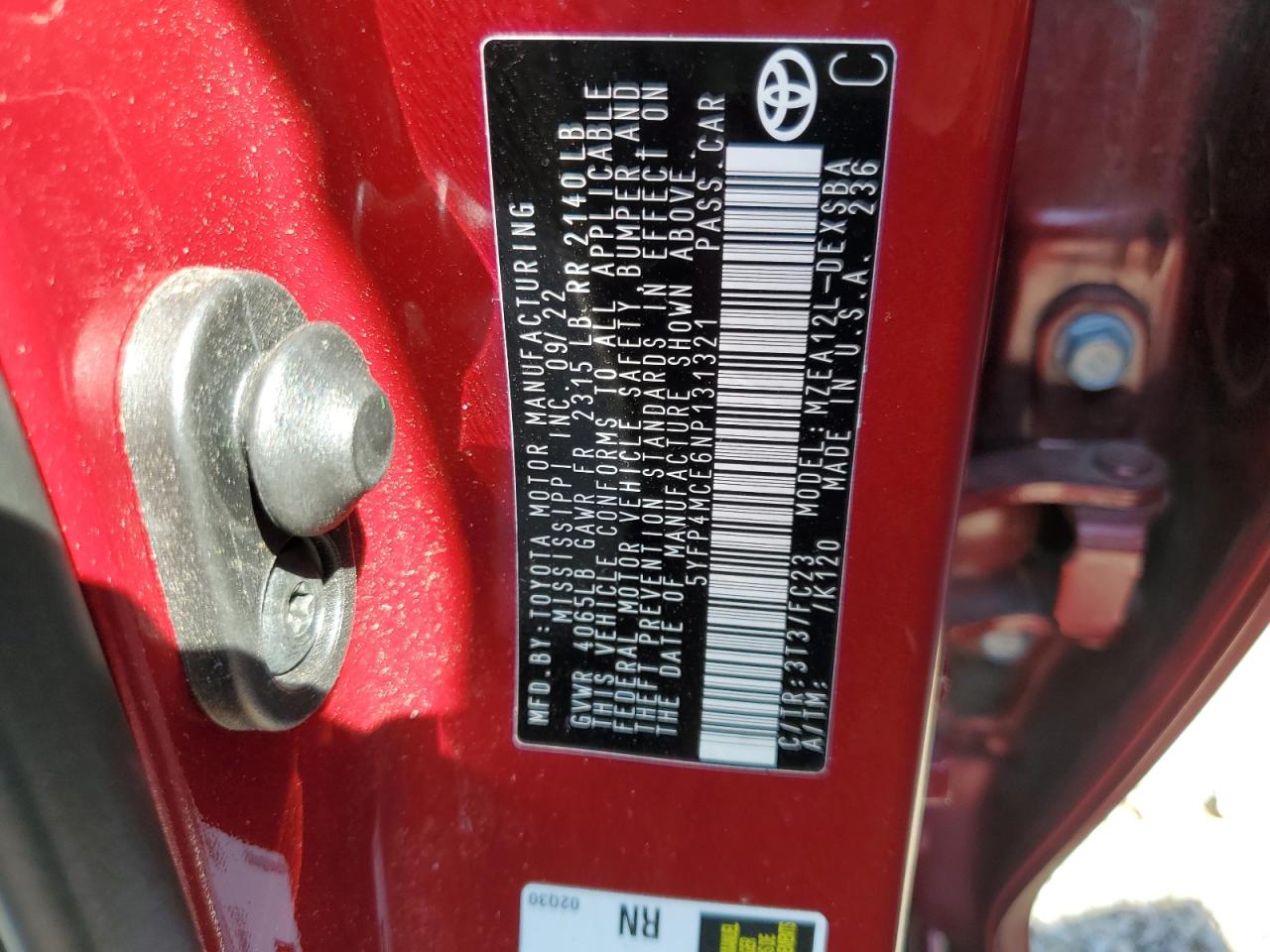 2022 TOYOTA COROLLA SE VIN:5YFP4MCE6NP131321