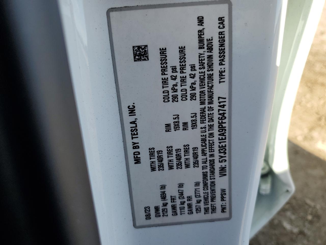 2023 TESLA MODEL 3  VIN:5YJ3E1EA9PF647417